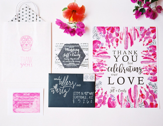 Modern pink and black wedding invitations