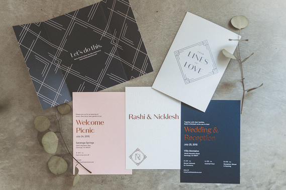 modern pink and blue wedding invites