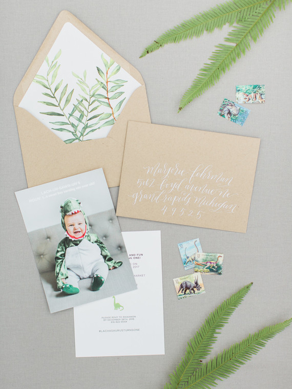 Modern dinosaur 1st birthday invites