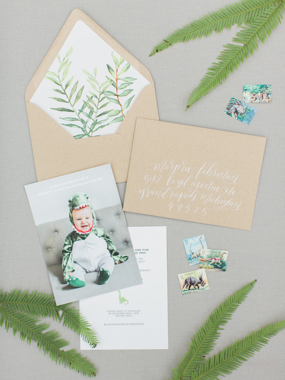Modern dinosaur 1st birthday invites