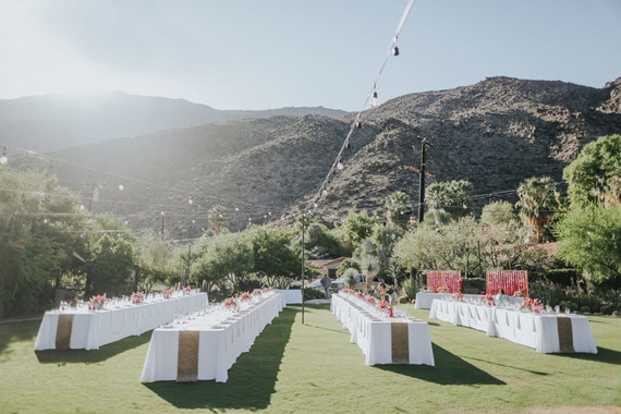 Pink and white reception tables