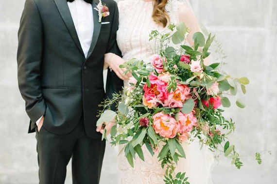 elegant vintage wedding portraits with peony bouquet