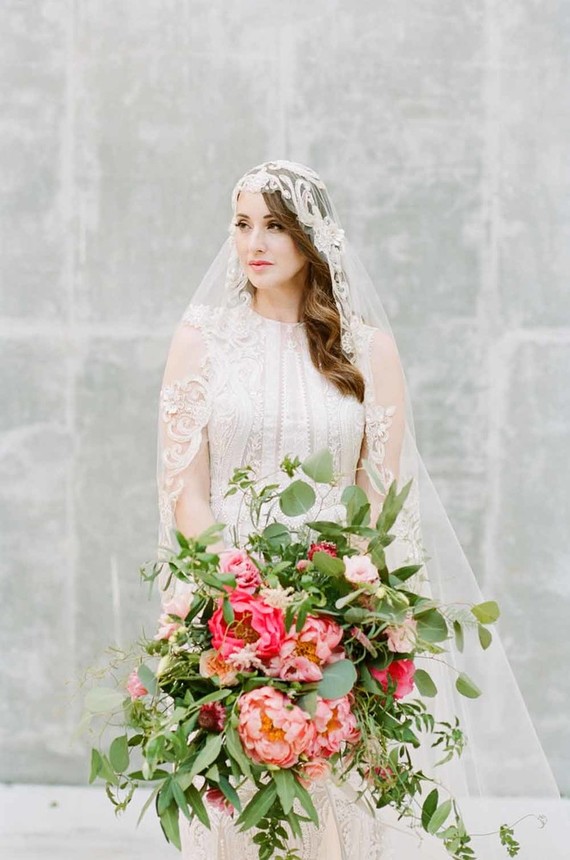 elegant vintage wedding portraits with peony bouquet