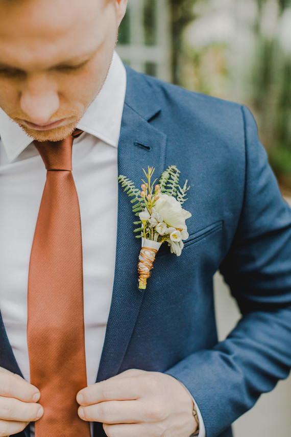 Blue groom's suit with copper tie Inspiration