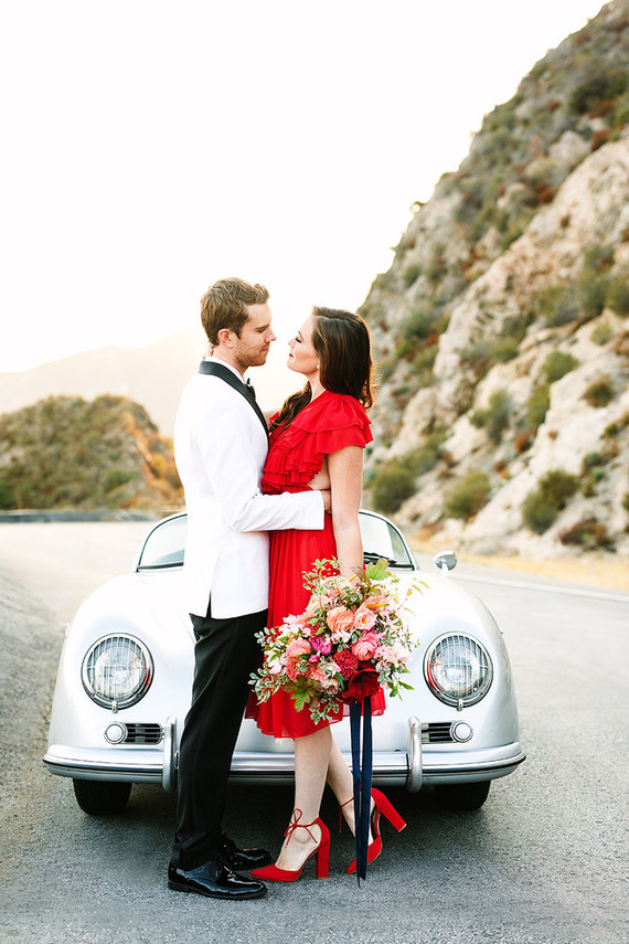 Red dress engagement shoot