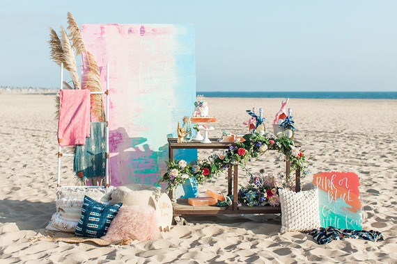Beachy boho gender reveal party Inspiration