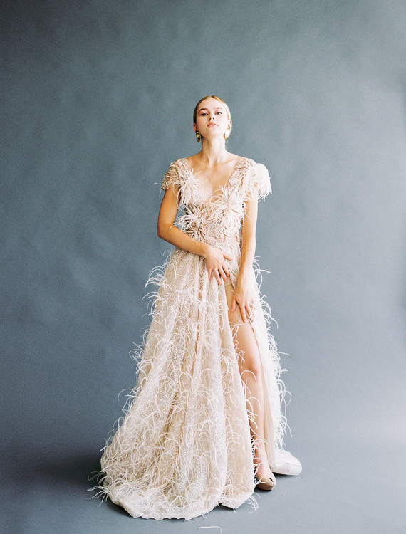 white feather wedding dress