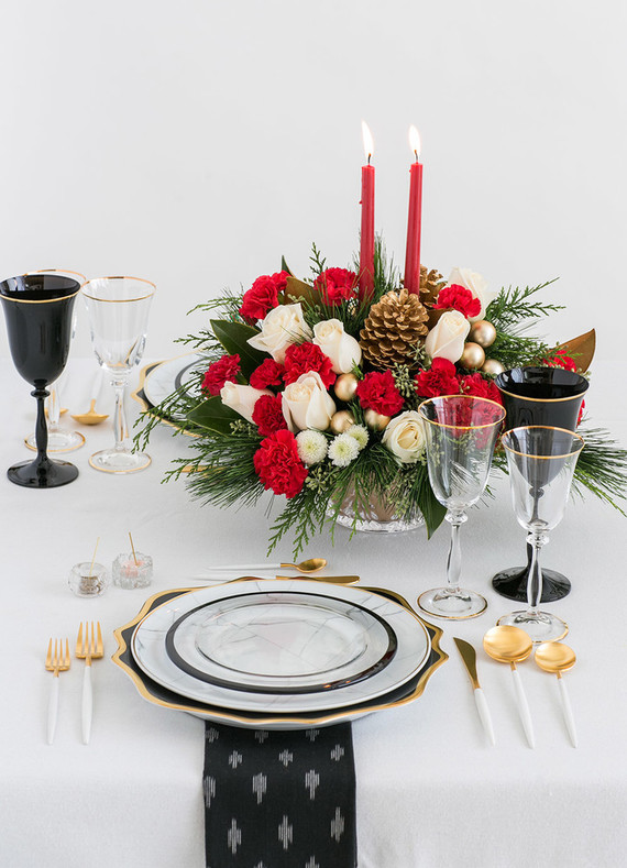 Fancy holiday place setting with Teleflora on 100 Layer Cake