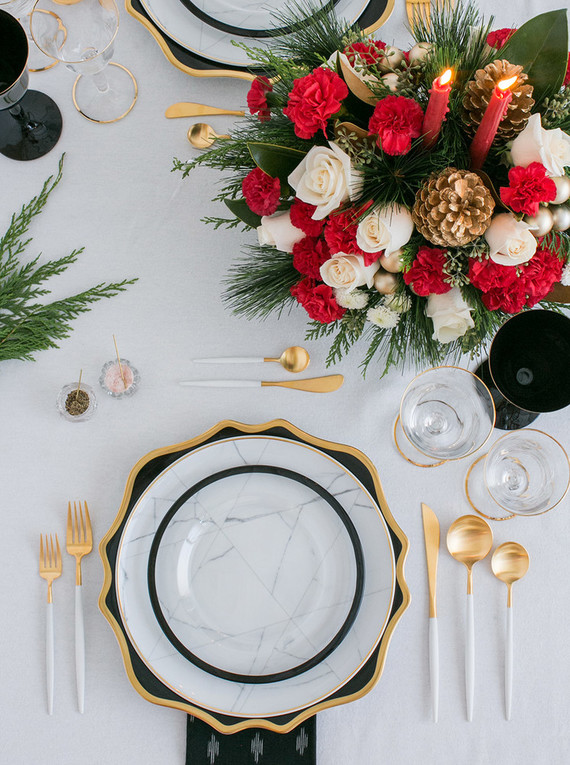 Fancy holiday place setting with Teleflora on 100 Layer Cake