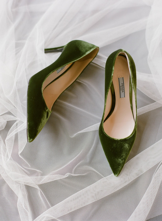 Green velvet Prada wedding shoes