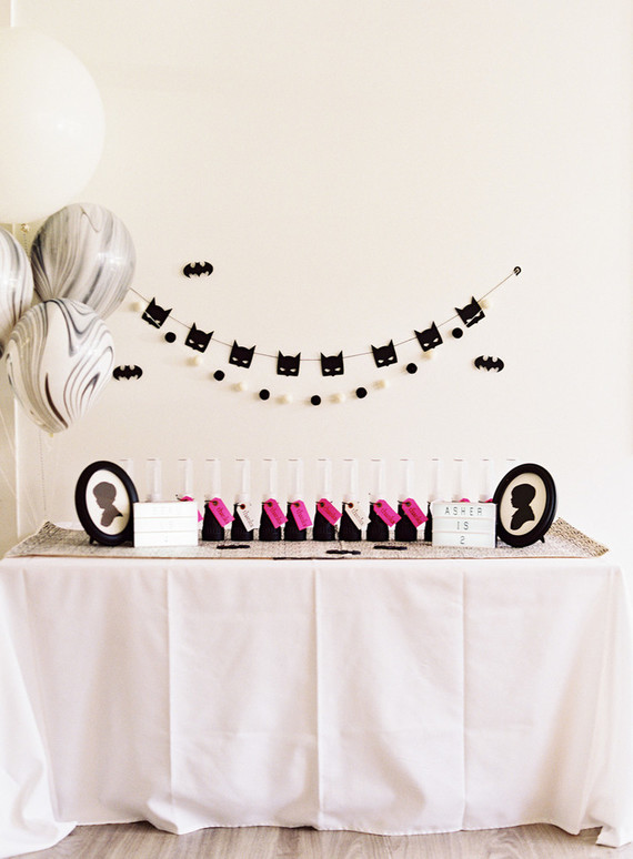 Black and white and pink modern Batman birthday party