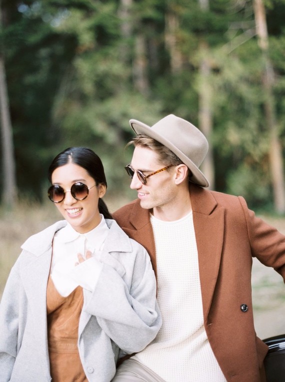 Stylish mod engagement photos on Galiano Island