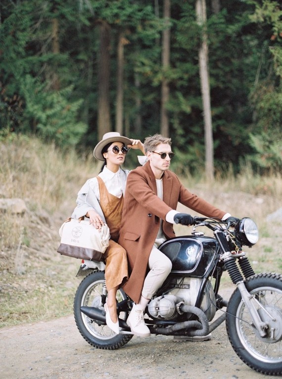 Stylish mod engagement photos on Galiano Island