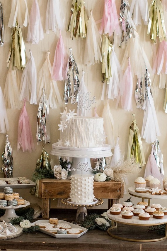 Feminine winter wonderland 1st birthday party Inspiration