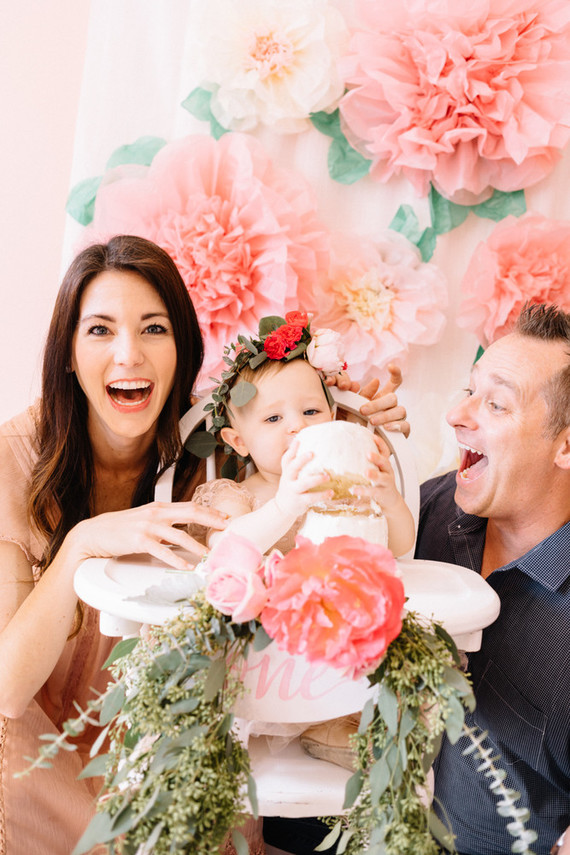 Pink floral first birthday party ideas on 100 Layer Cakelet