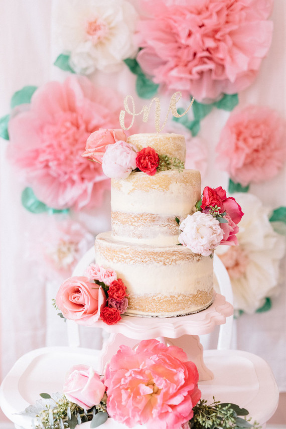 Pink floral first birthday party ideas on 100 Layer Cakelet