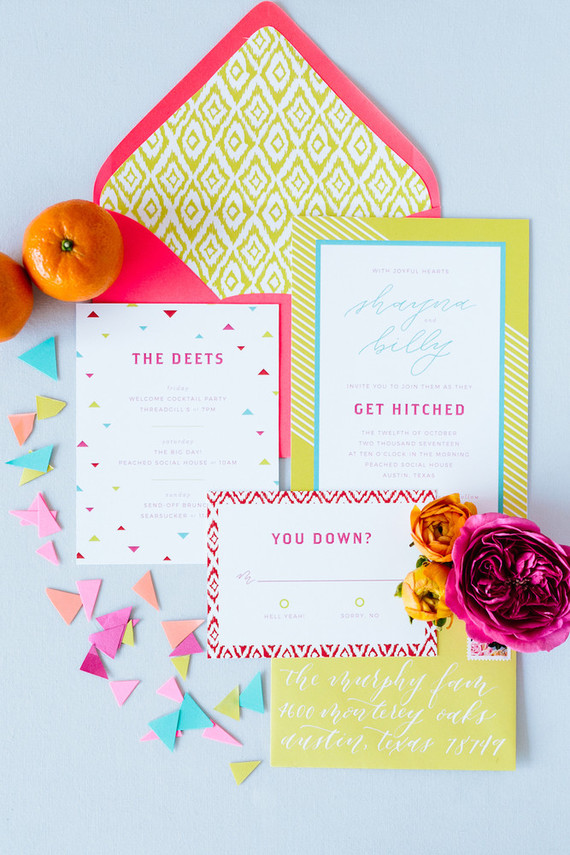 Bright whimsical wedding invites