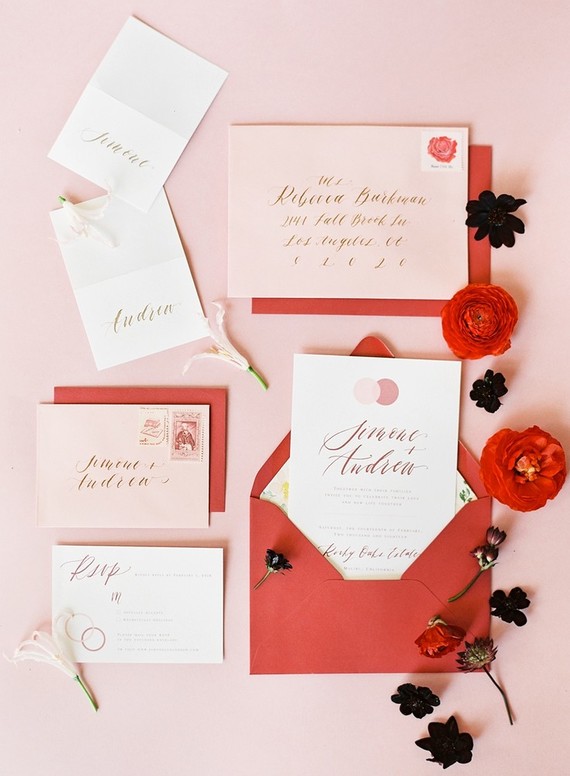 Pink and red wedding invite suite