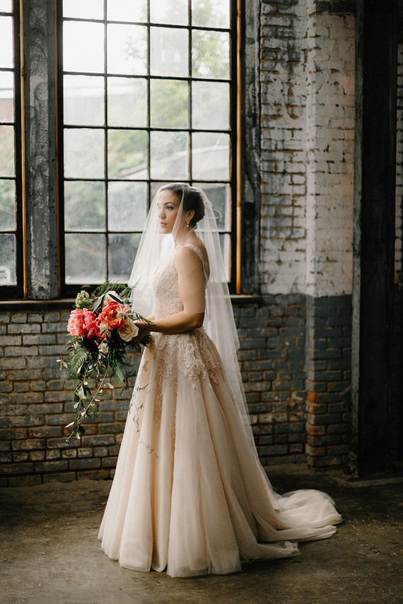 Romantic, industrial, floral wedding at Basilica Hudson in the Hudson Valley
