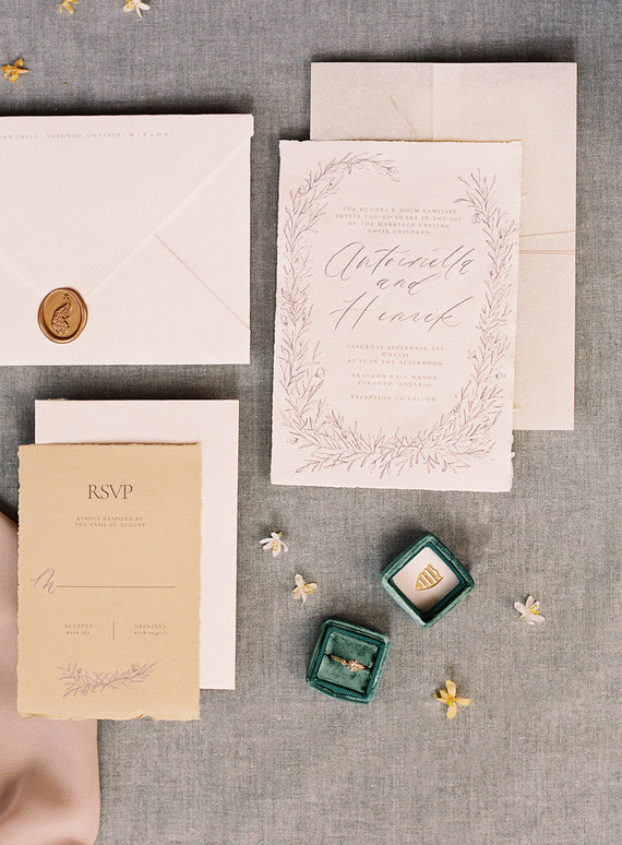 Elegant peach and emerald wedding invitations