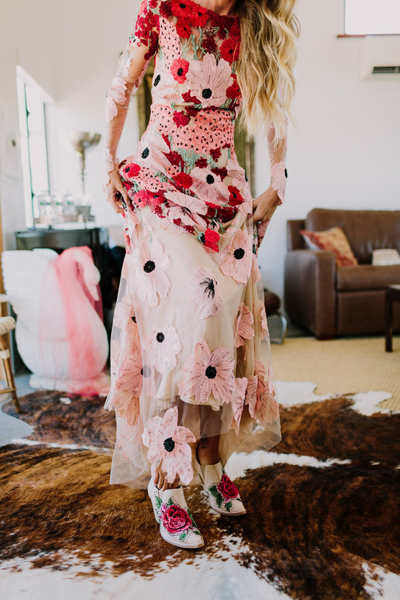 Rustic Joshua Tree wedding with a pink floral dress