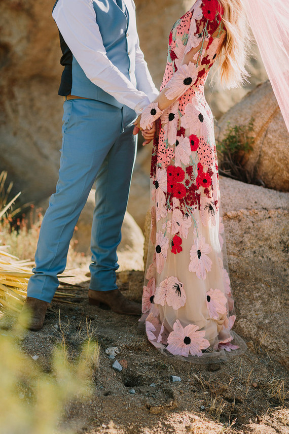 Rustic Joshua Tree wedding with a pink floral dress