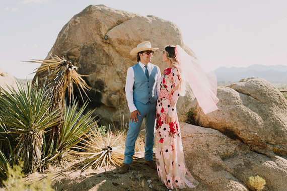 Rustic Joshua Tree wedding with a pink floral dress