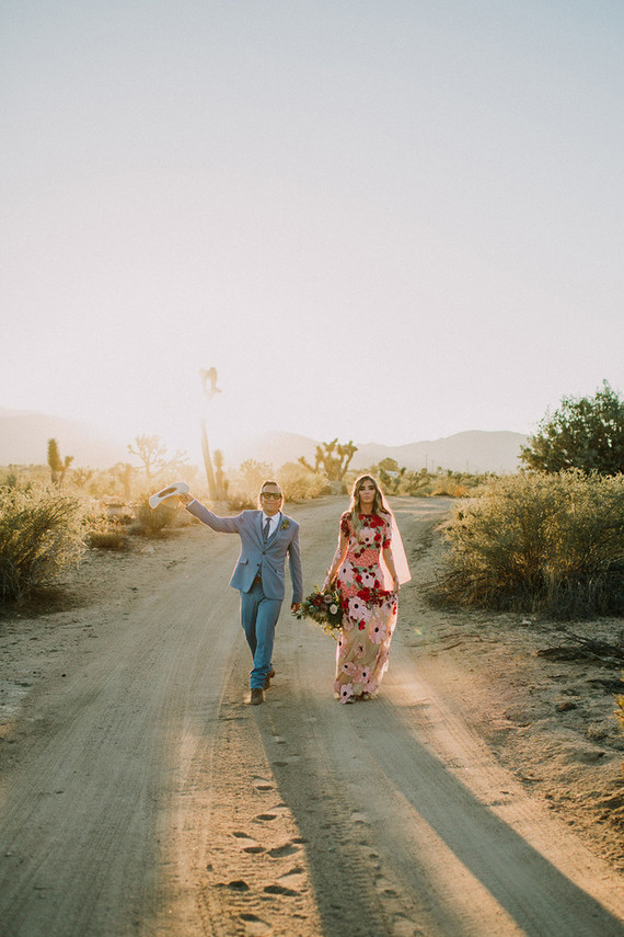 Rustic Joshua Tree wedding with a pink floral dress