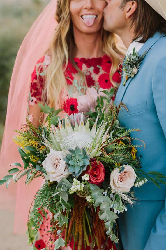 Rustic Joshua Tree wedding with a pink floral dress