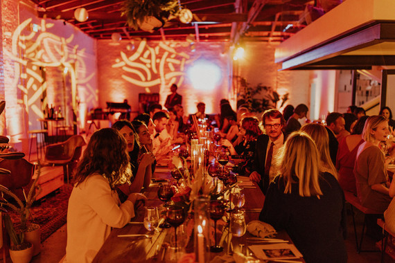 Artful hip earth-tone wedding at Office Party in LA