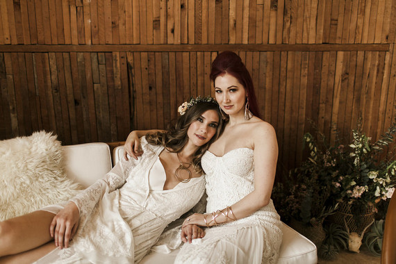 Romantic urban same sex wedding ideas with blush tones