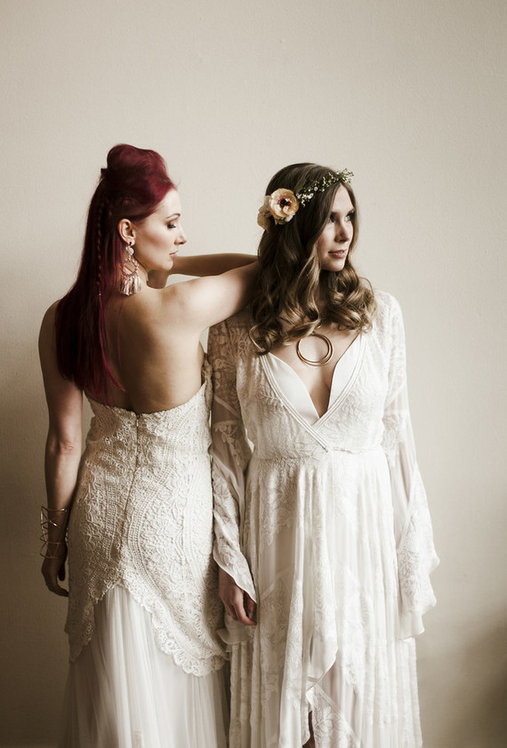 Romantic urban same sex wedding ideas with blush tones