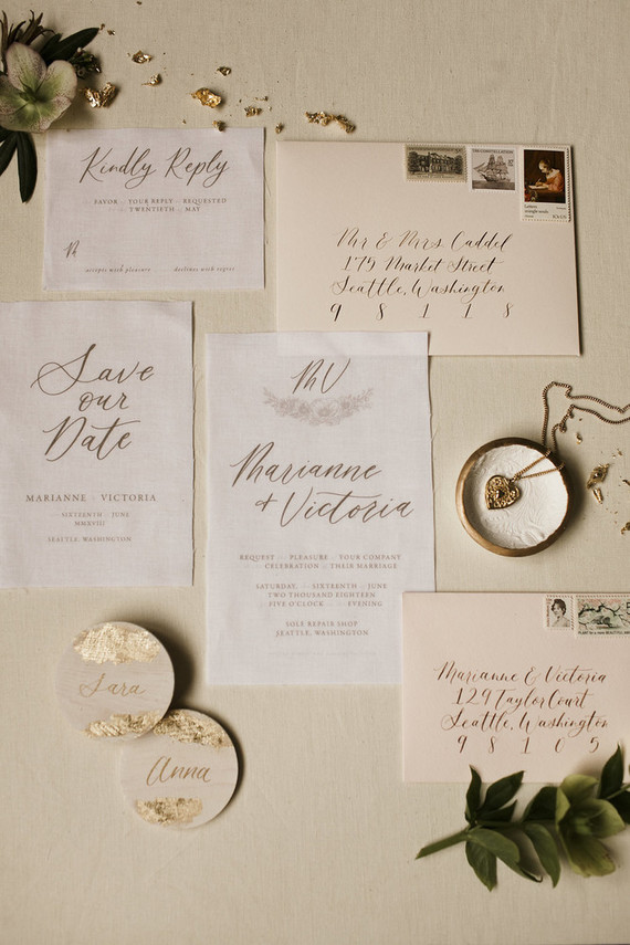 Romantic urban same sex wedding ideas with blush tones