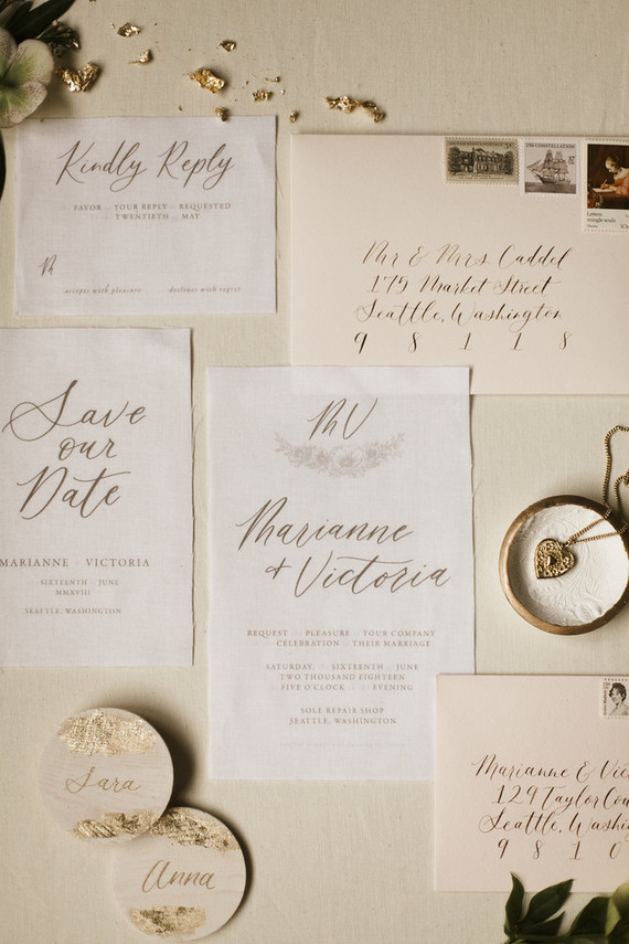 Romantic urban same sex wedding ideas with blush tones