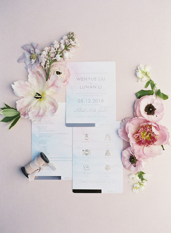 Whimsical pink and blue music-inspired wedding at Allied Arts Guild in Menlo Park