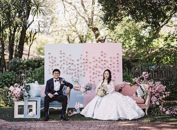 Whimsical pink and blue music-inspired wedding at Allied Arts Guild in Menlo Park