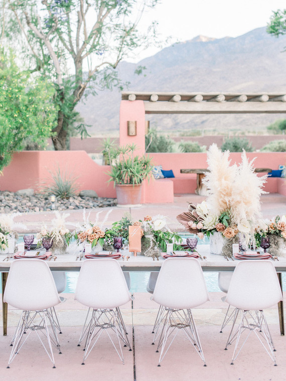 An all pink Palm Springs wedding (and venue!) with copper and pampas grass
