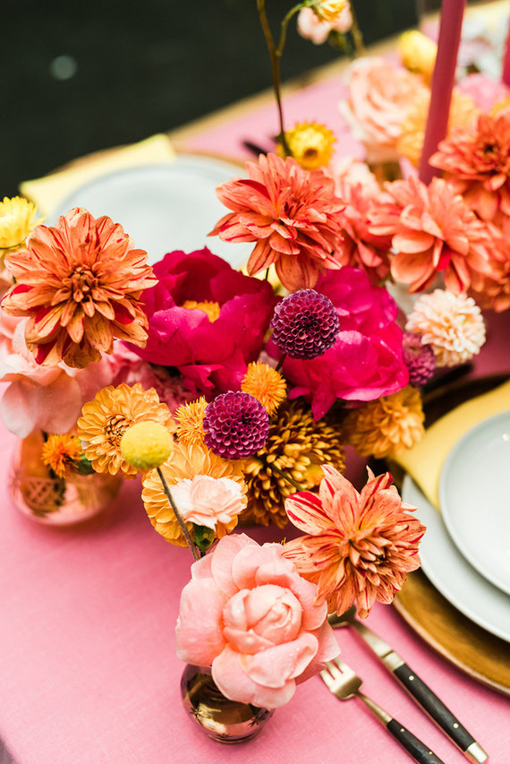 Ultra colorful wedding design inspired by Indian floral garlands and Day of the Dead