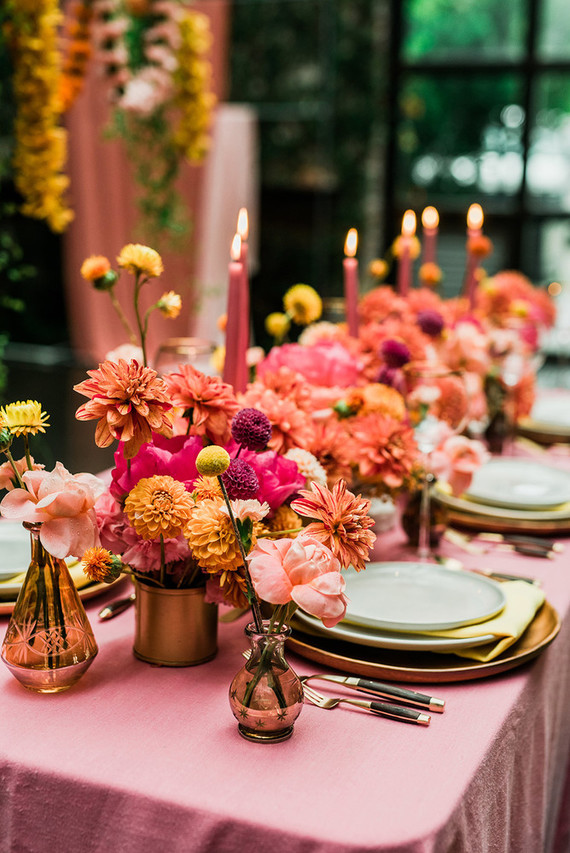 Ultra colorful wedding design inspired by Indian floral garlands and Day of the Dead Inspiration