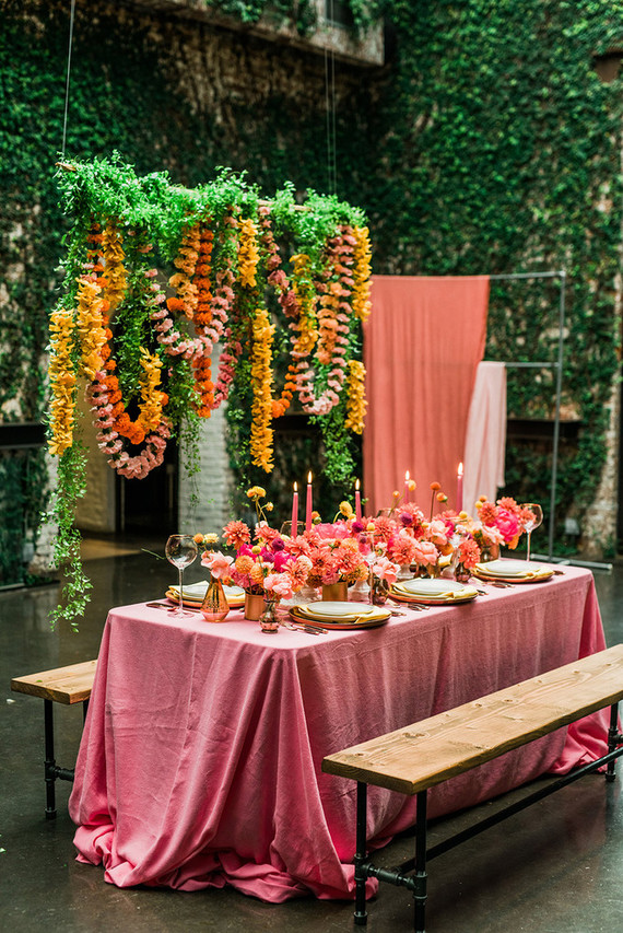 Ultra colorful wedding design inspired by Indian floral garlands and Day of the Dead