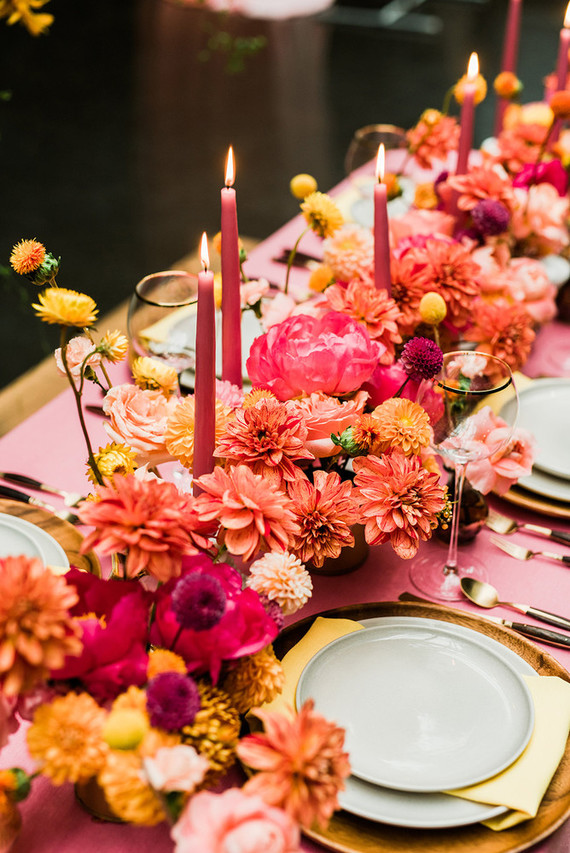 Ultra colorful wedding design inspired by Indian floral garlands and Day of the Dead Inspiration