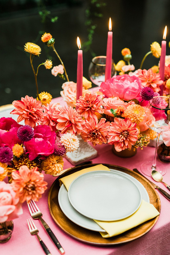 Ultra colorful wedding design inspired by Indian floral garlands and Day of the Dead Inspiration