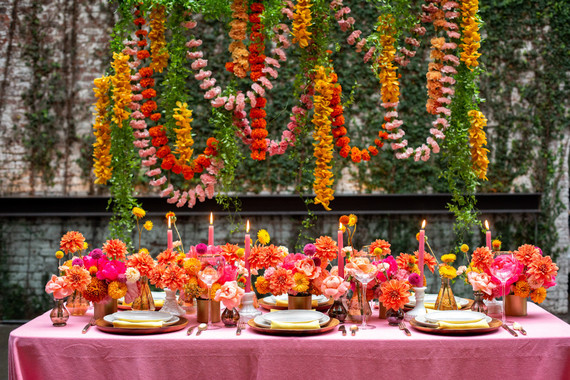 Ultra colorful wedding design inspired by Indian floral garlands and Day of the Dead