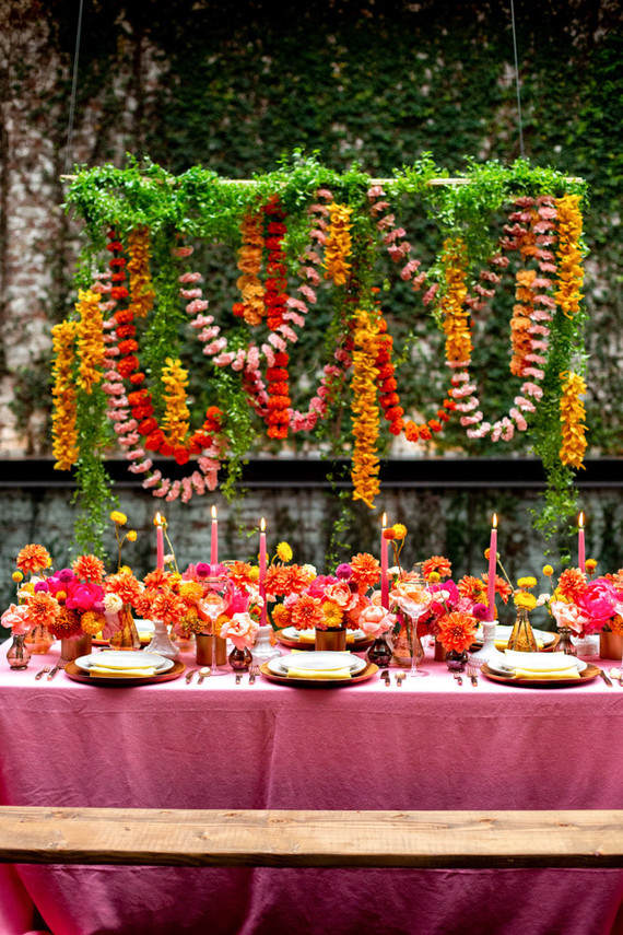 Ultra colorful wedding design inspired by Indian floral garlands and Day of the Dead Inspiration