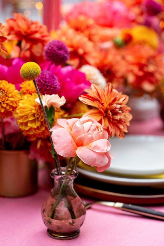 Ultra colorful wedding design inspired by Indian floral garlands and Day of the Dead