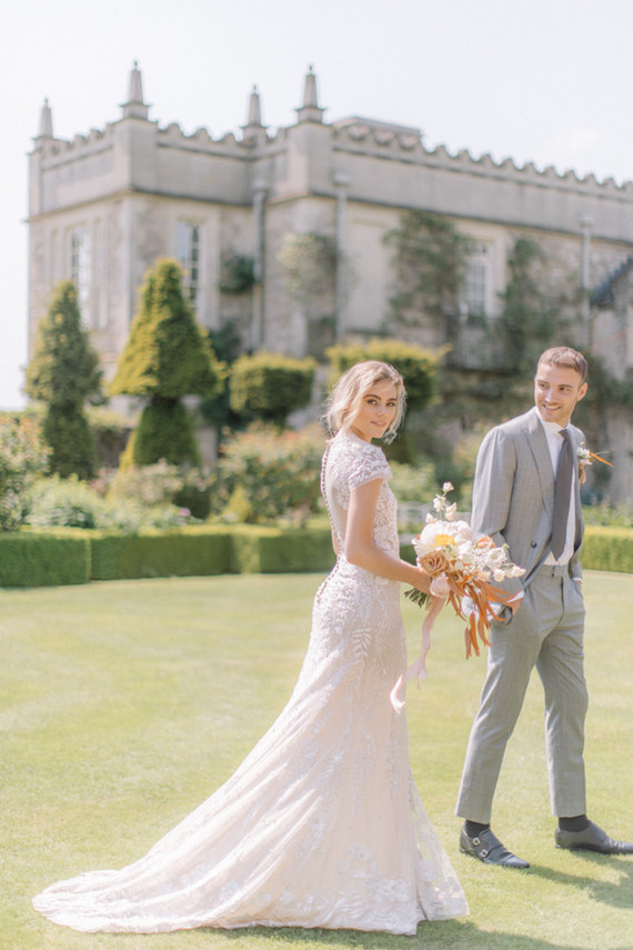Modern stylish fairytale wedding in a dramatic English garden