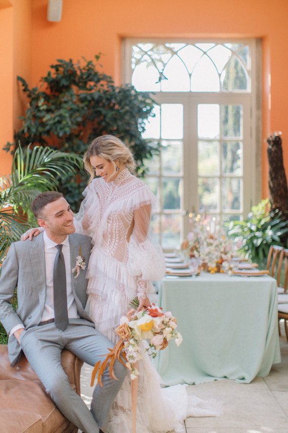 Modern stylish fairytale wedding in a dramatic English garden