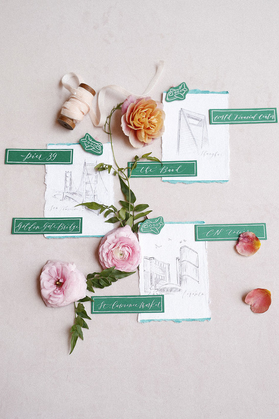 Emerald and pink travel inspired wedding at the USC University Club Inspiration