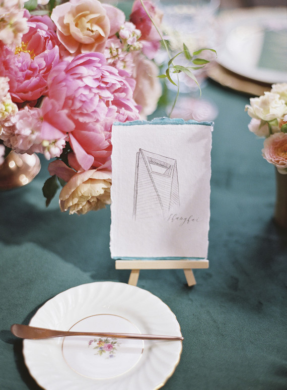 Emerald and pink travel inspired wedding at the USC University Club Inspiration