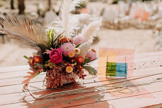 Colorful boho wedding reception in Joshua Tree